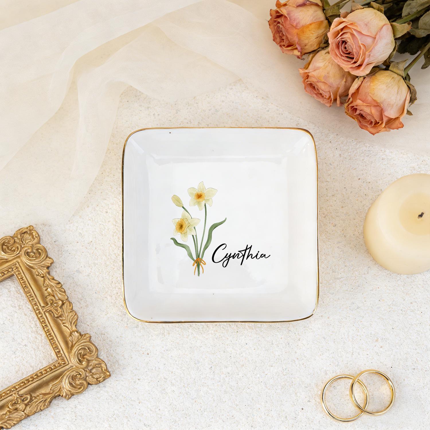 Personalized Birth Flower Trinket Dish, Custom Watercolor Flower Ring Dish, Wedding Bridesmaid Gift, Gift for Friends, Birthday Gift for Her