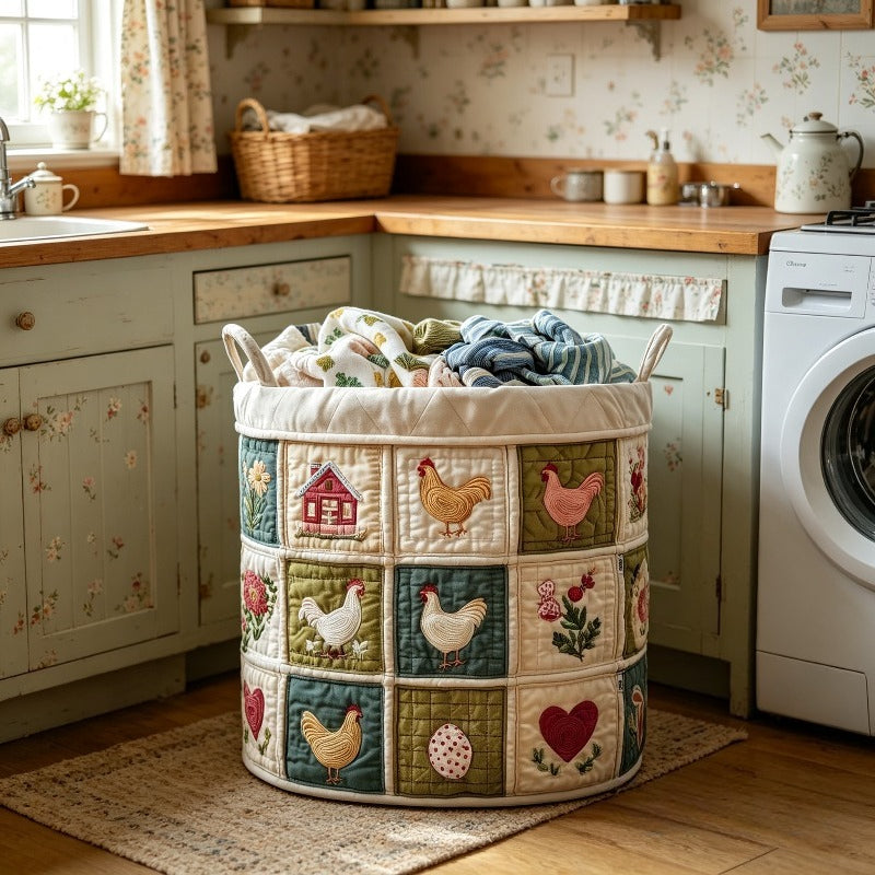 Chicken Print Quilted Storage Basket, Large Fabric Laundry Hamper with Handles, Farmhouse Clothes Bin for Bedroom & Laundry Room