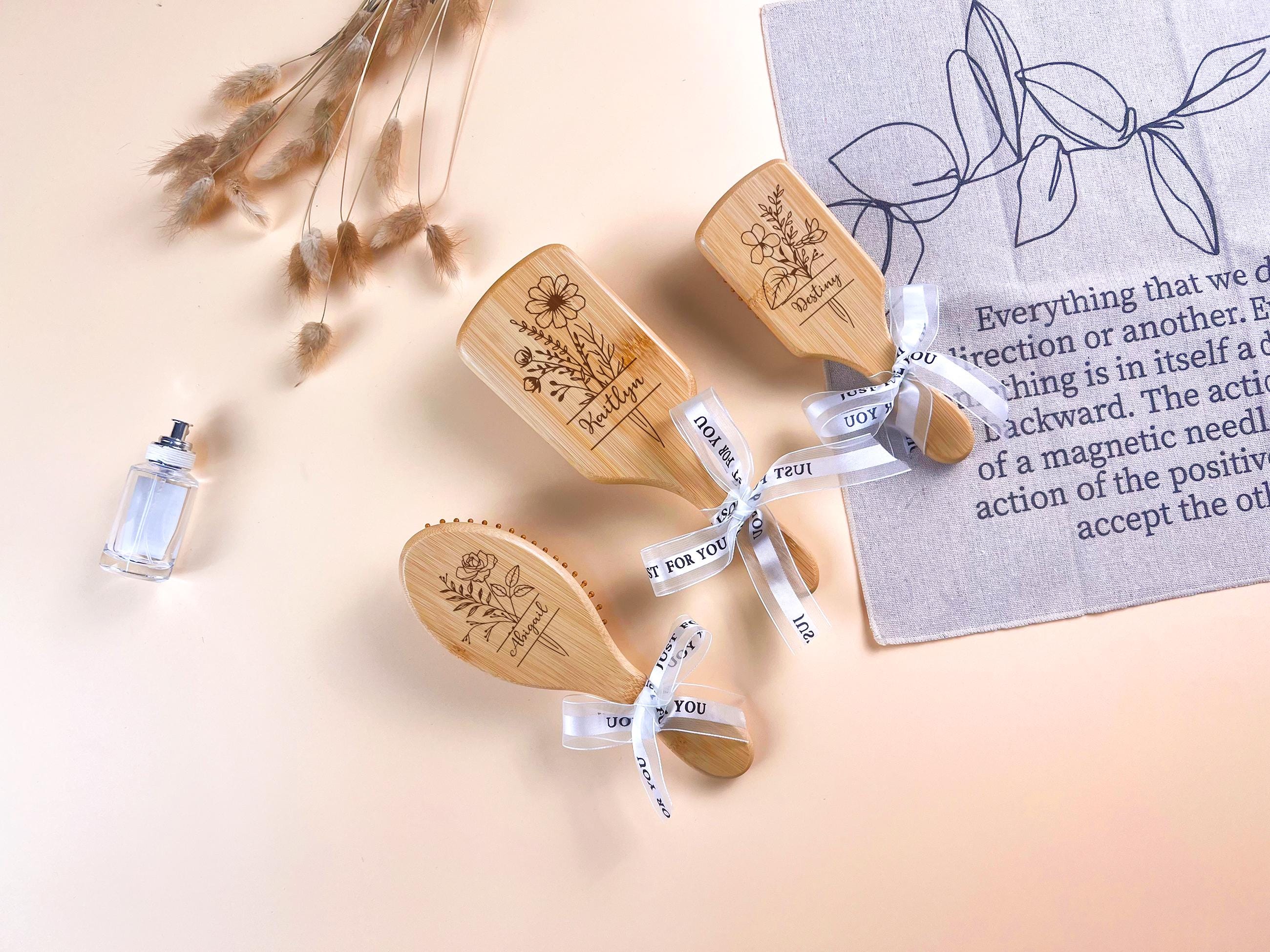 Custom Name Bamboo Hair Brush with Birth Flower: Bridesmaid Gift, Personalized Wooden Comb, Perfect Birthday or Mother's Day Gift for Mom, Daughter, or Friend