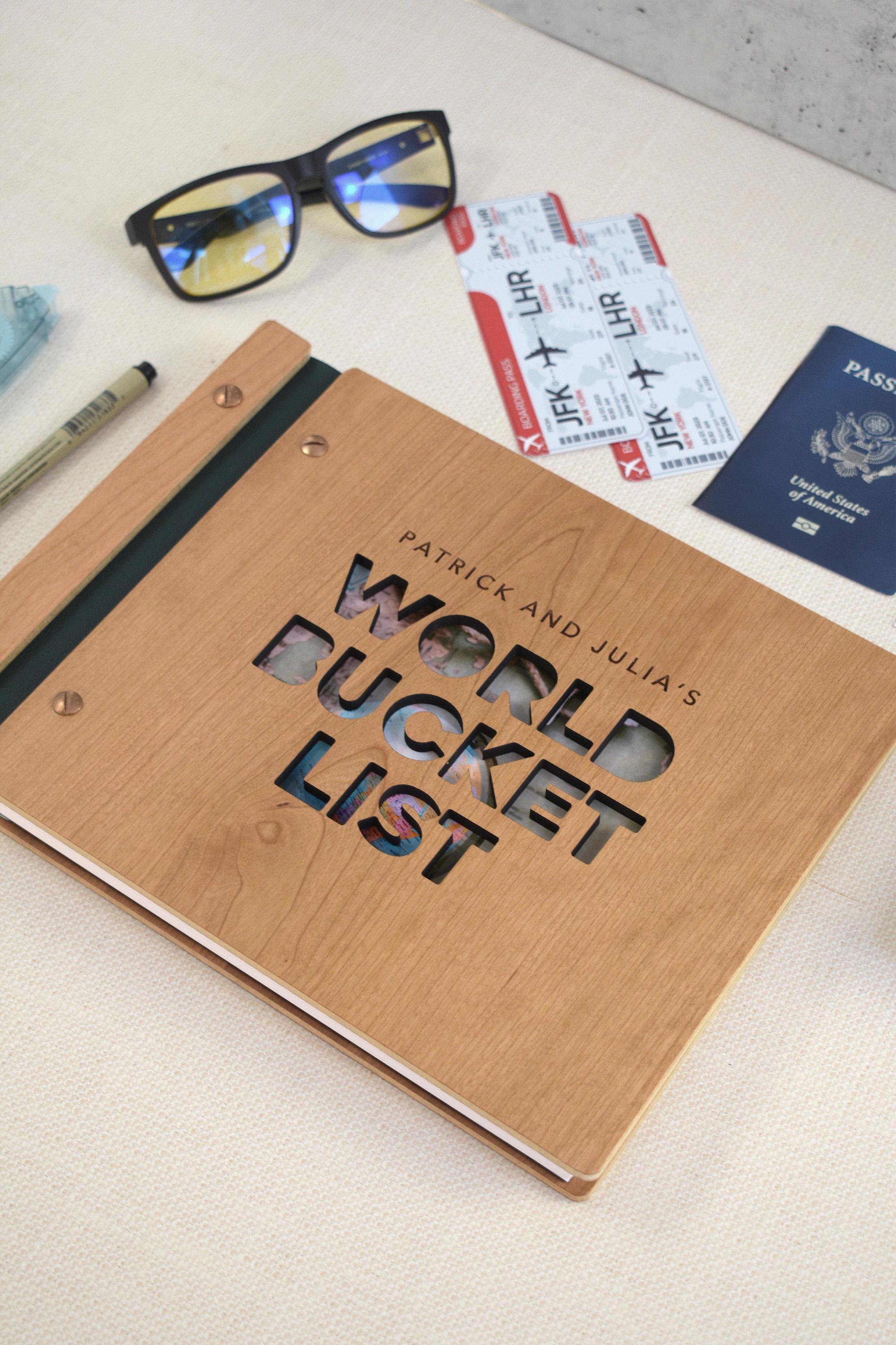 World Bucket List Adventure Book, Personalized Travel Scrapbook, Unique Valentines Gift, Couple Anniversary Gift for Her or Him