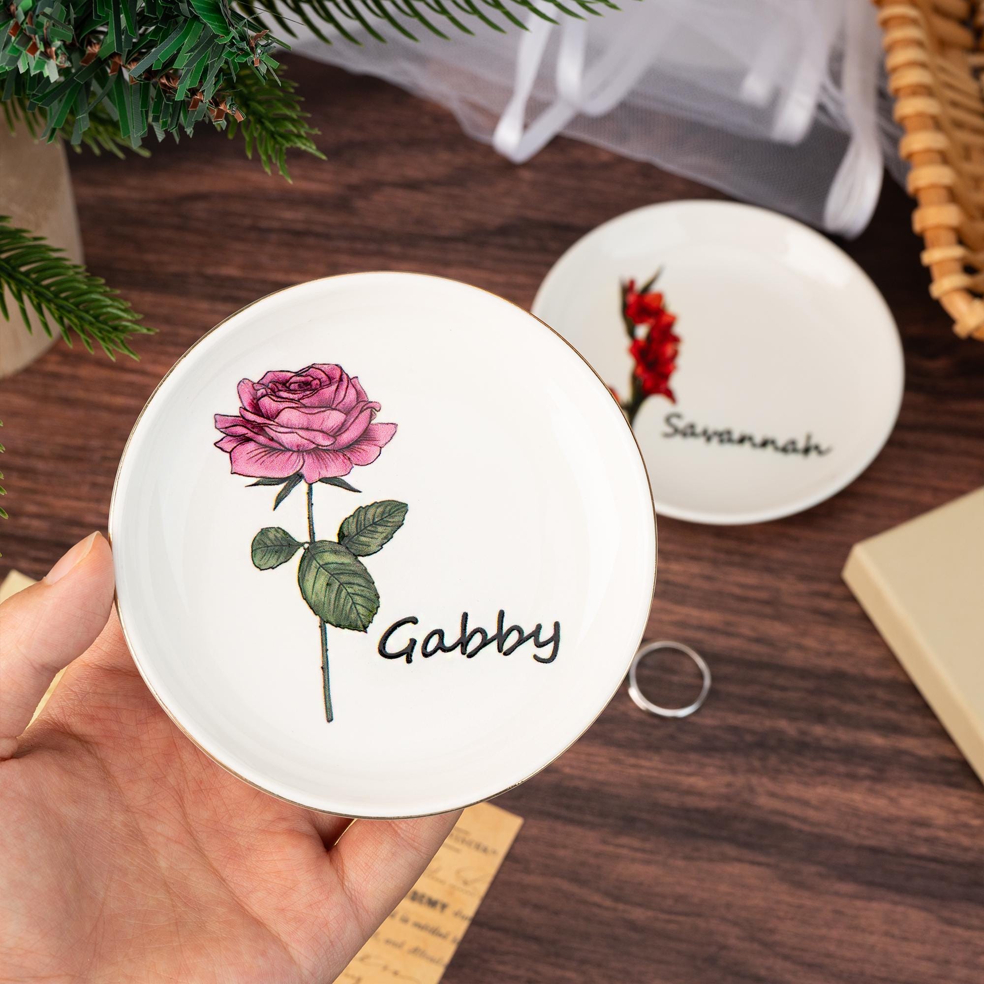 Custom Birth Flower Ceramic Jewelry Dish_ Personalized Name Trinket Dish