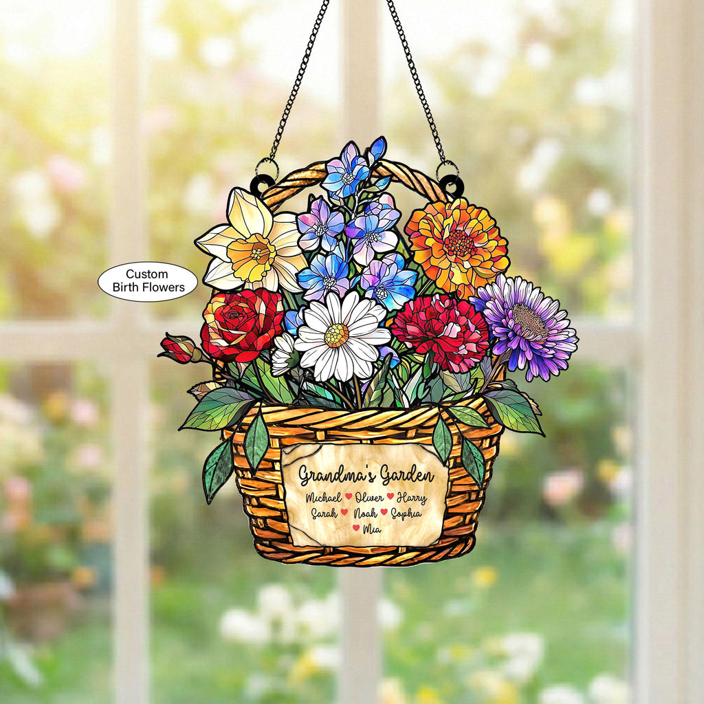 Personalized Birth Month Flower Stained Glass, Grandma's Garden Suncatcher Acrylic Window Hanging, Mothers Day Gift, Grandma Gift, Mom Gifts