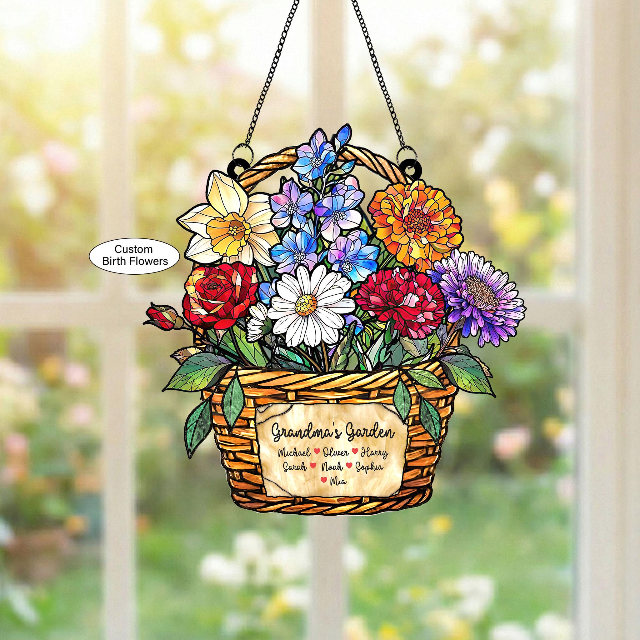 Personalized Birth Month Flower Stained Glass, Grandma's Garden Suncatcher Acrylic Window Hanging, Mothers Day Gift, Grandma Gift, Mom Gifts