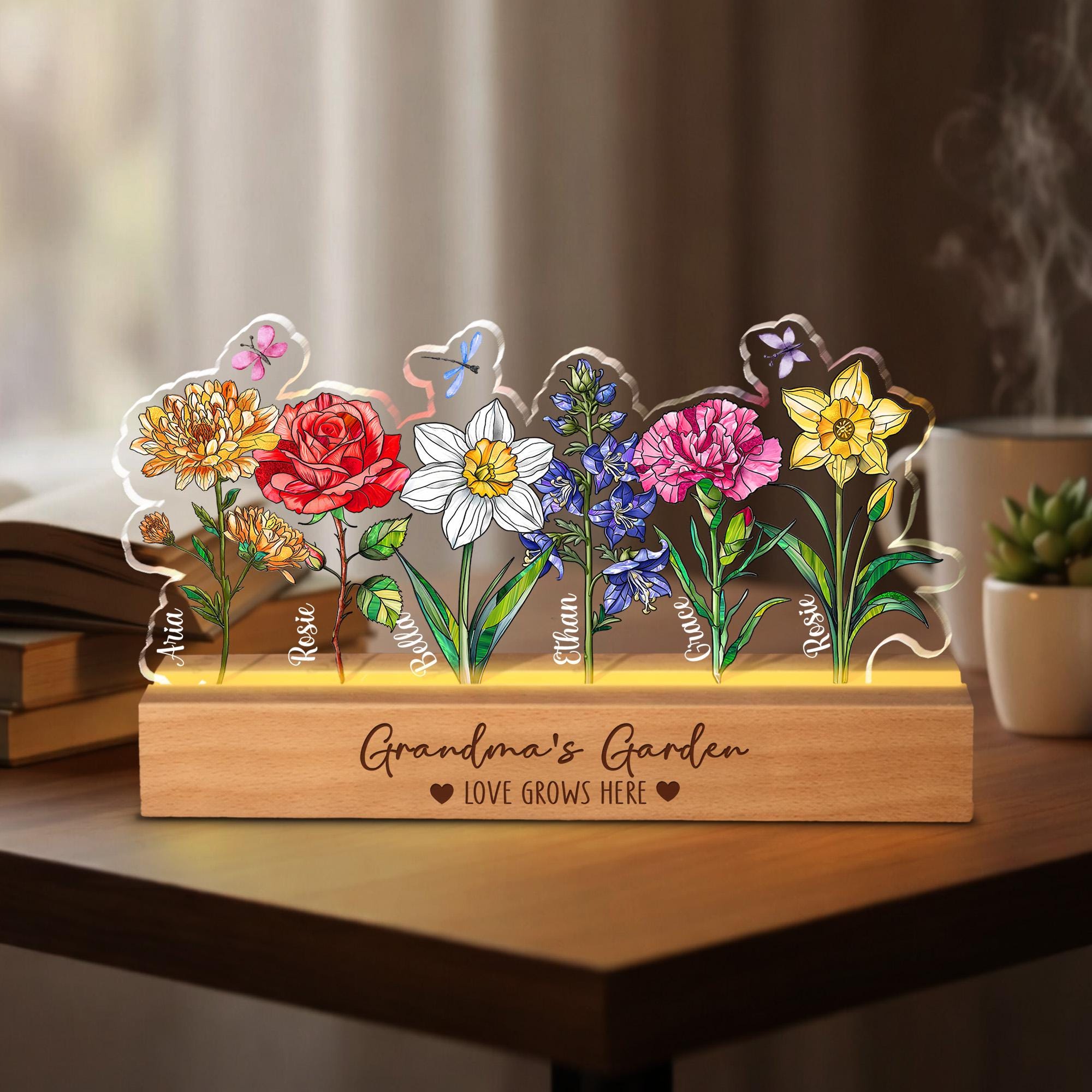 Custom Grandma's Garden Night Light_ Personalized Birth Month Flowers Gift for Grandma, Mothers Day Gift From Grandkids, Mom Birthday Gifts
