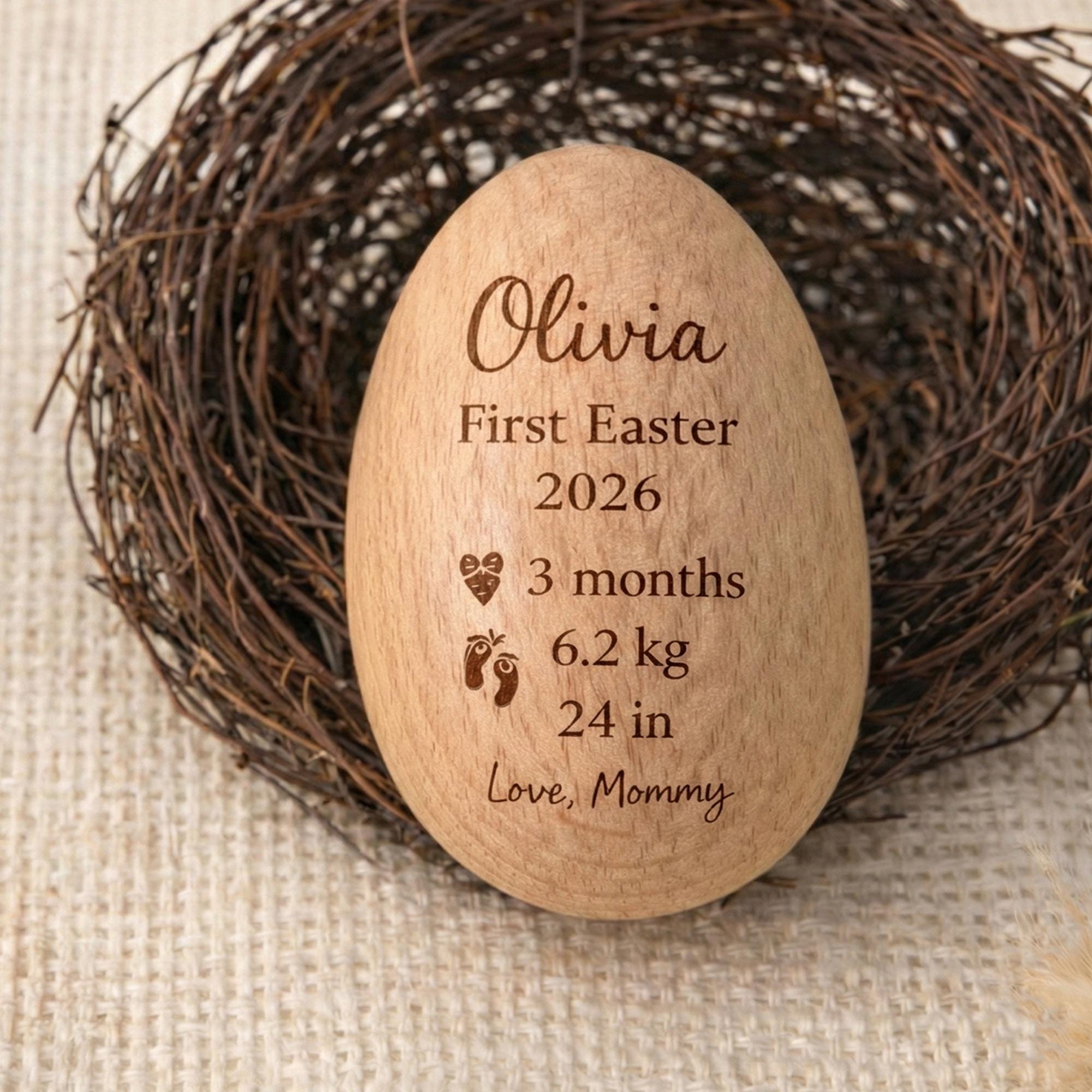 Personalized Wooden Easter Egg, Baby First Easter Keepsake, Custom Engraved Egg Shaker, Easter Basket Gift for Kids