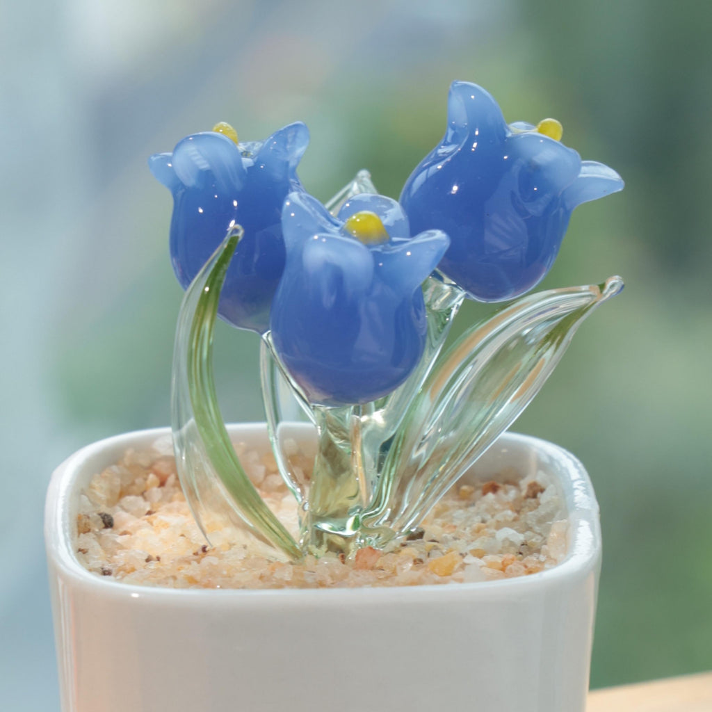 Hand Blown Glass Potted Plants – White, Pink & Blue Glass Tulip Figurines, Mini Flower Decor, Unique Handmade Gift