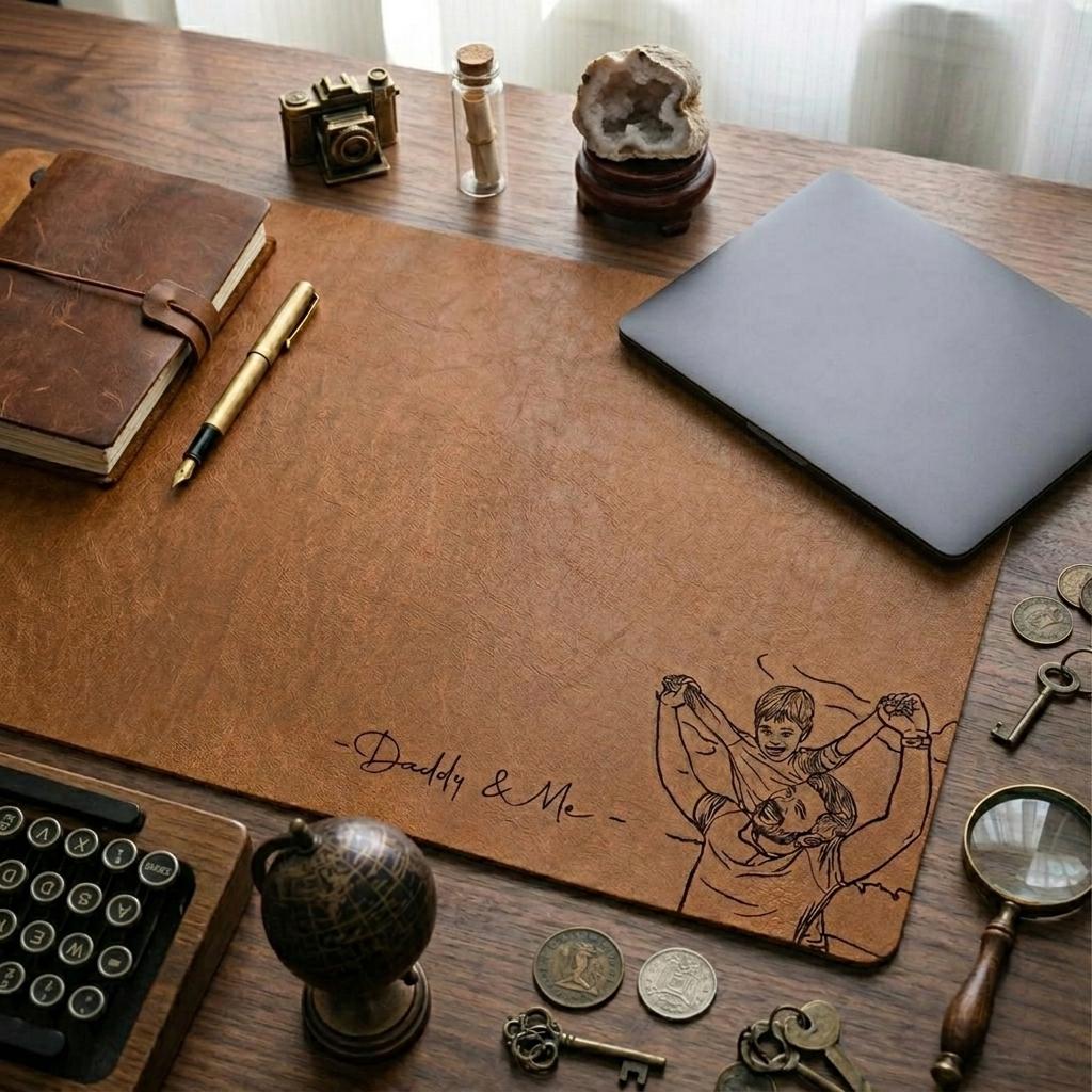 Personalized Dad Desk Mat, Custom Photo Sketch Line Art, Father's Day Gift for Husband, Daddy & Kid Picture, Desk Pad Mouse Mat