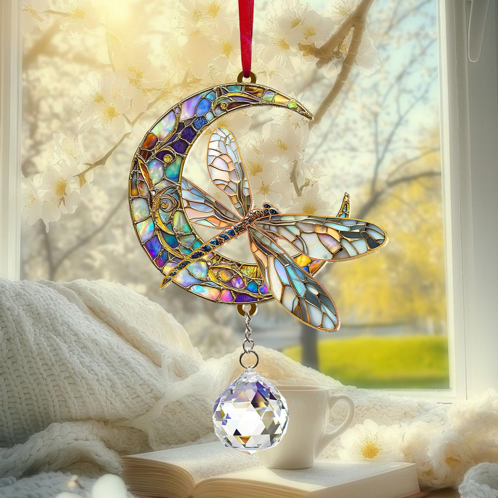 Dragonfly Suncatcher Crystal Prism, Acrylic Moon Dragonfly Hanging Sign, Window Art Decor, Nature Lover Gift, Home Accent
