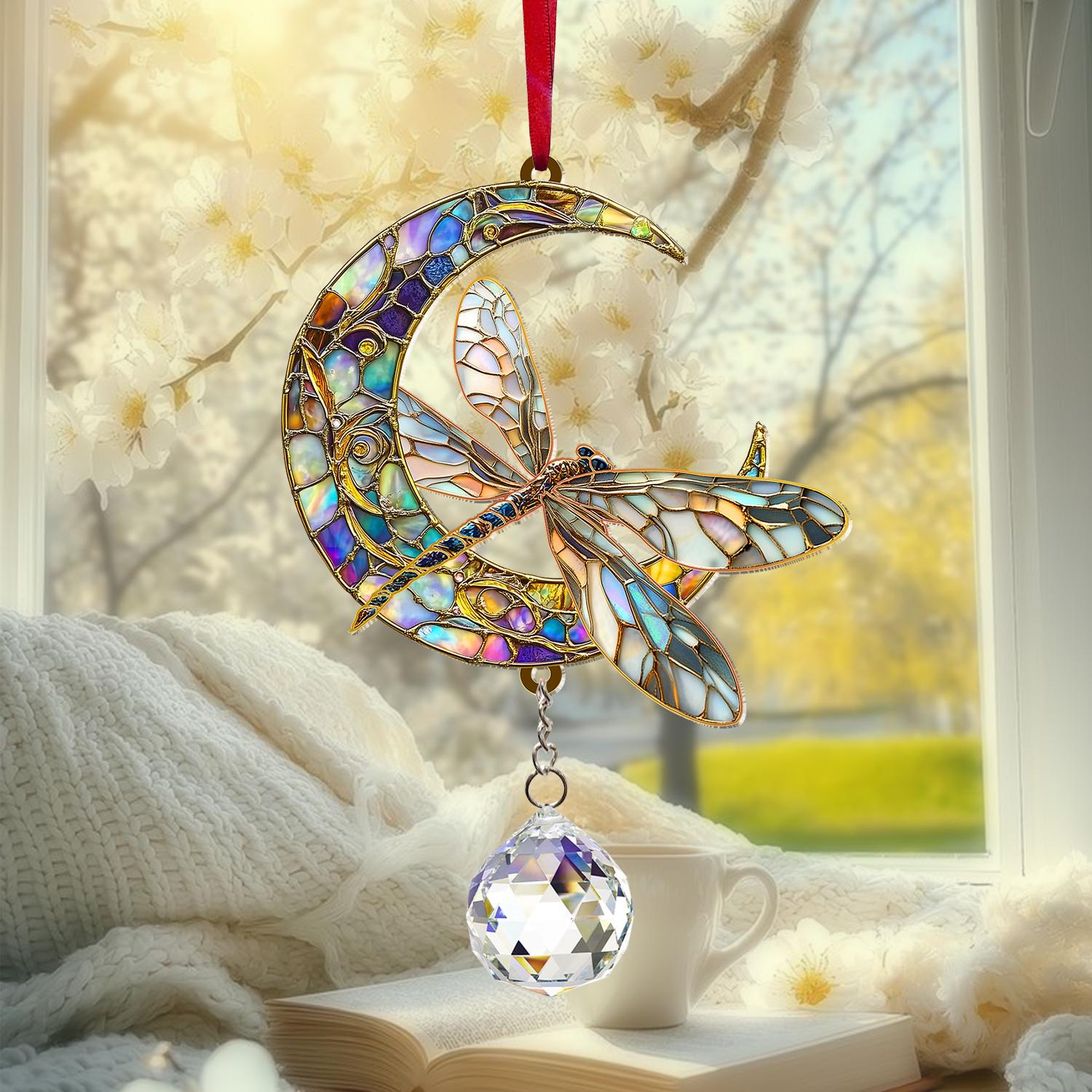 Dragonfly Suncatcher Crystal Prism, Acrylic Moon Dragonfly Hanging Sign, Window Art Decor, Nature Lover Gift, Home Accent