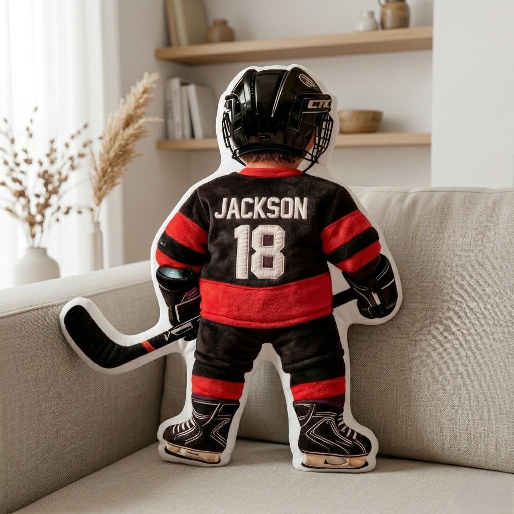 Personalized Hockey Player Pillow Custom Name Number Flat Printed 3D Look NOT Embossed Kids Sports Cushion Team Uniform Gift Room Decor