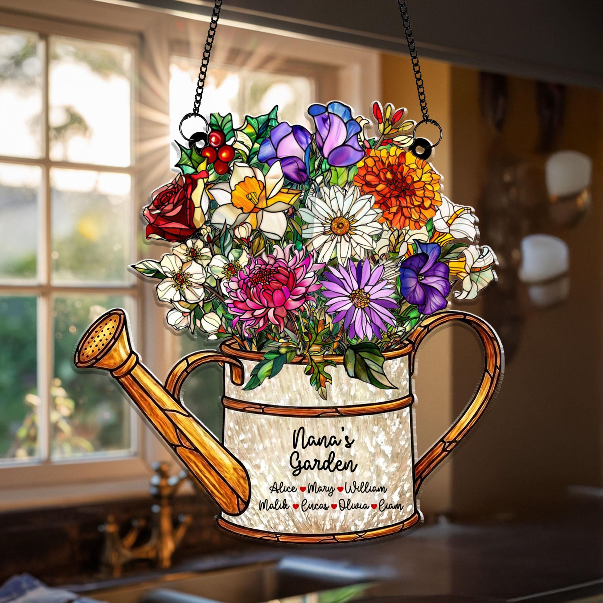 Personalized Grandma’s Garden Acrylic Suncatcher, Watering Can Floral Stained Glass Style, Custom Names Window Hanging Mother’s Day Gift