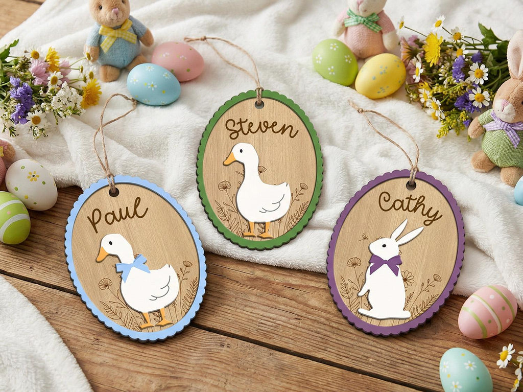Personalized Easter Basket Tag, Custom Easter Name Tag, Bunny Goose Basket Tag, Kids Easter Gift, Easter Basket Decor