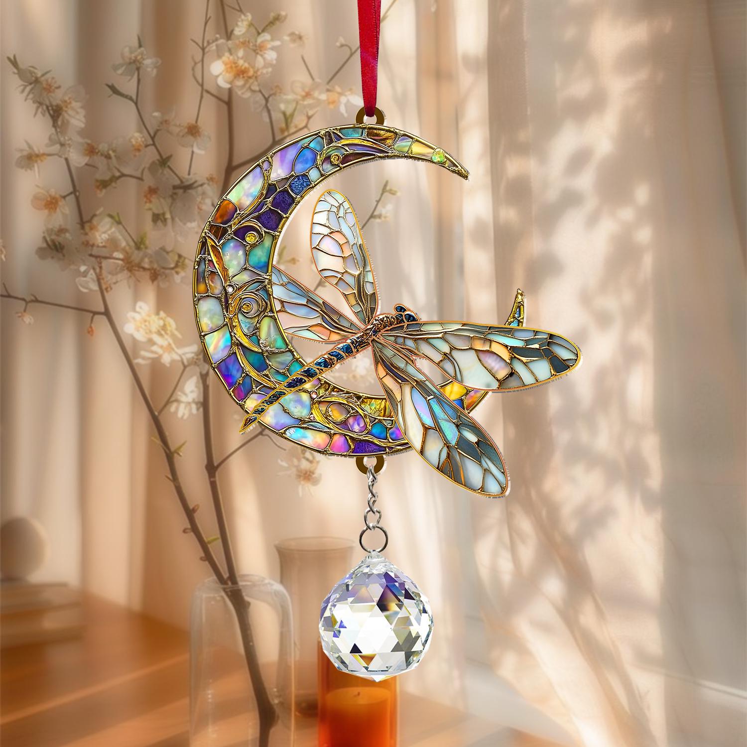 Dragonfly Suncatcher Crystal Prism, Acrylic Moon Dragonfly Hanging Sign, Window Art Decor, Nature Lover Gift, Home Accent