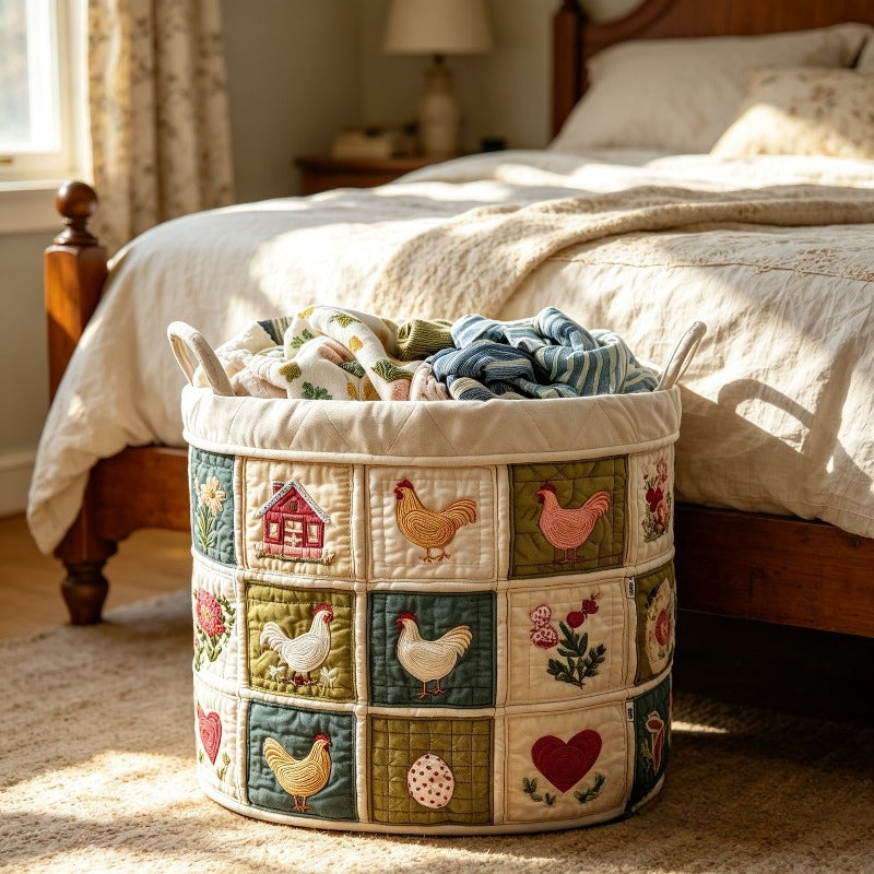 Chicken Print Quilted Storage Basket, Large Fabric Laundry Hamper with Handles, Farmhouse Clothes Bin for Bedroom & Laundry Room