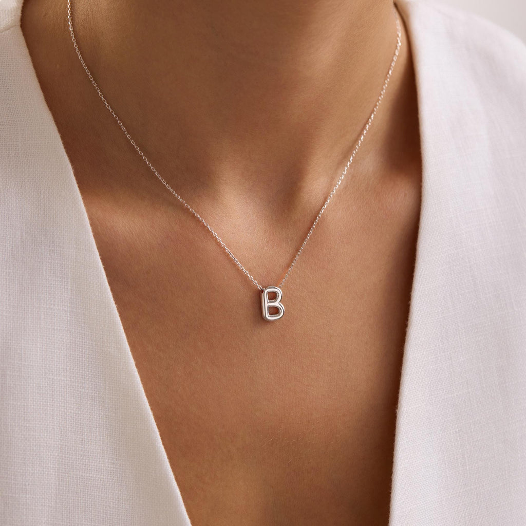 Sterling Silver 3D Bubble Initial Necklace – Custom Letter Pendant, 3D Bubble Letter Necklace, Solid 925 Silver Initial Pendant