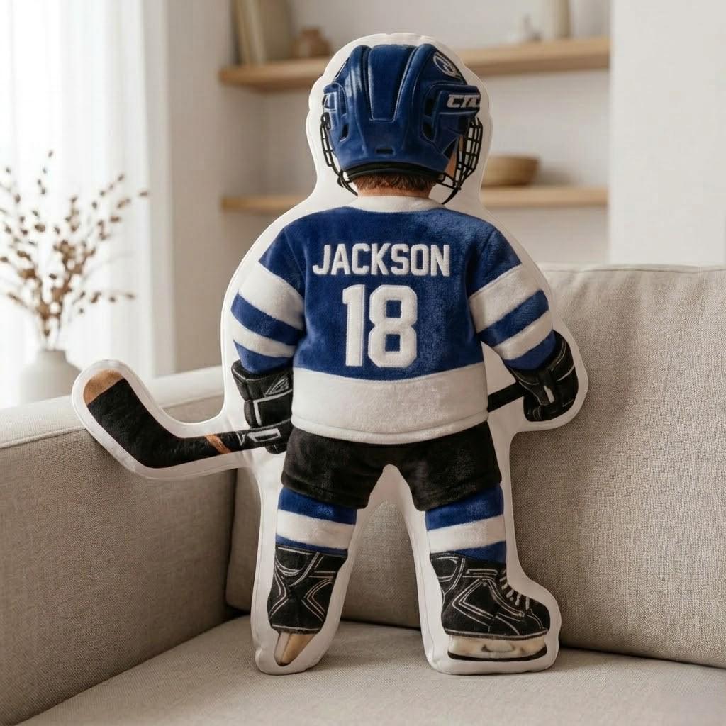 Personalized Hockey Player Pillow Custom Name Number Flat Printed 3D Look NOT Embossed Kids Sports Cushion Team Uniform Gift Room Decor