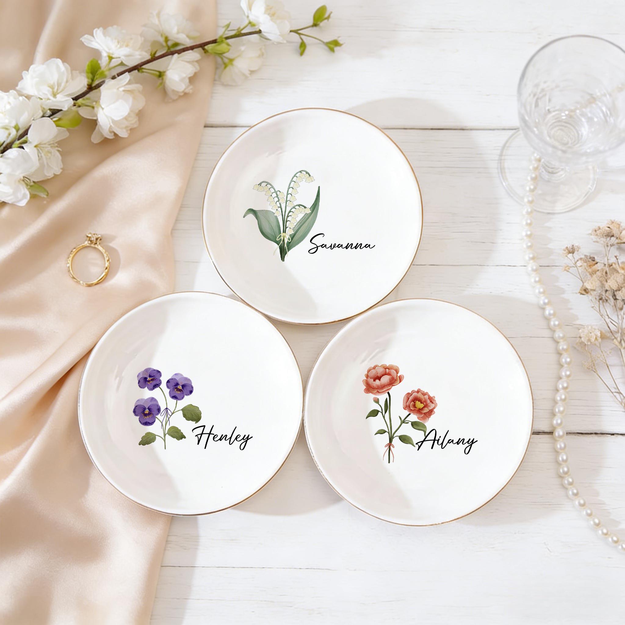 Personalized Birth Flower Trinket Dish, Custom Watercolor Flower Ring Dish, Wedding Bridesmaid Gift, Gift for Friends, Birthday Gift for Her