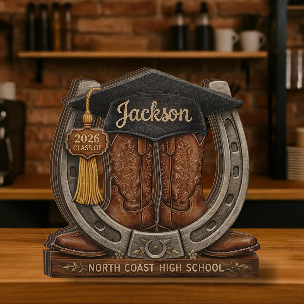 Personalized Graduation Wooden Block, Customized Cowboy Boots Keepsake, Class of 2026 Gift, Custom Name Graduate Decor