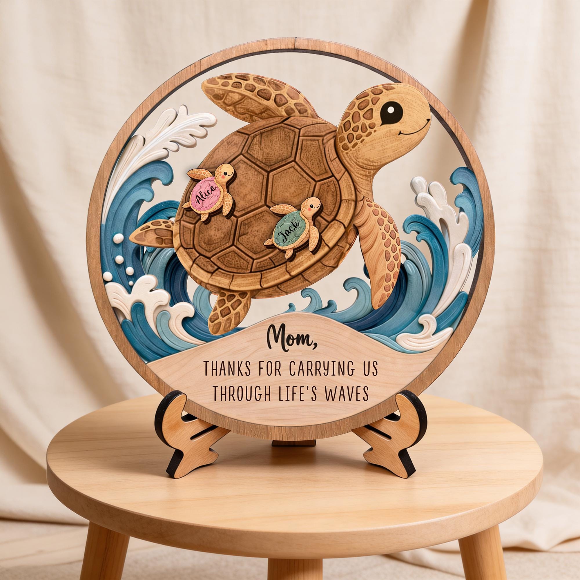 Personalized Wooden Sea Turtle Family Plaque, Unique Mom Gift, Turtle Lover Keepsake, Meaningful Mother’s Day Gift, Custom Family Name Sign