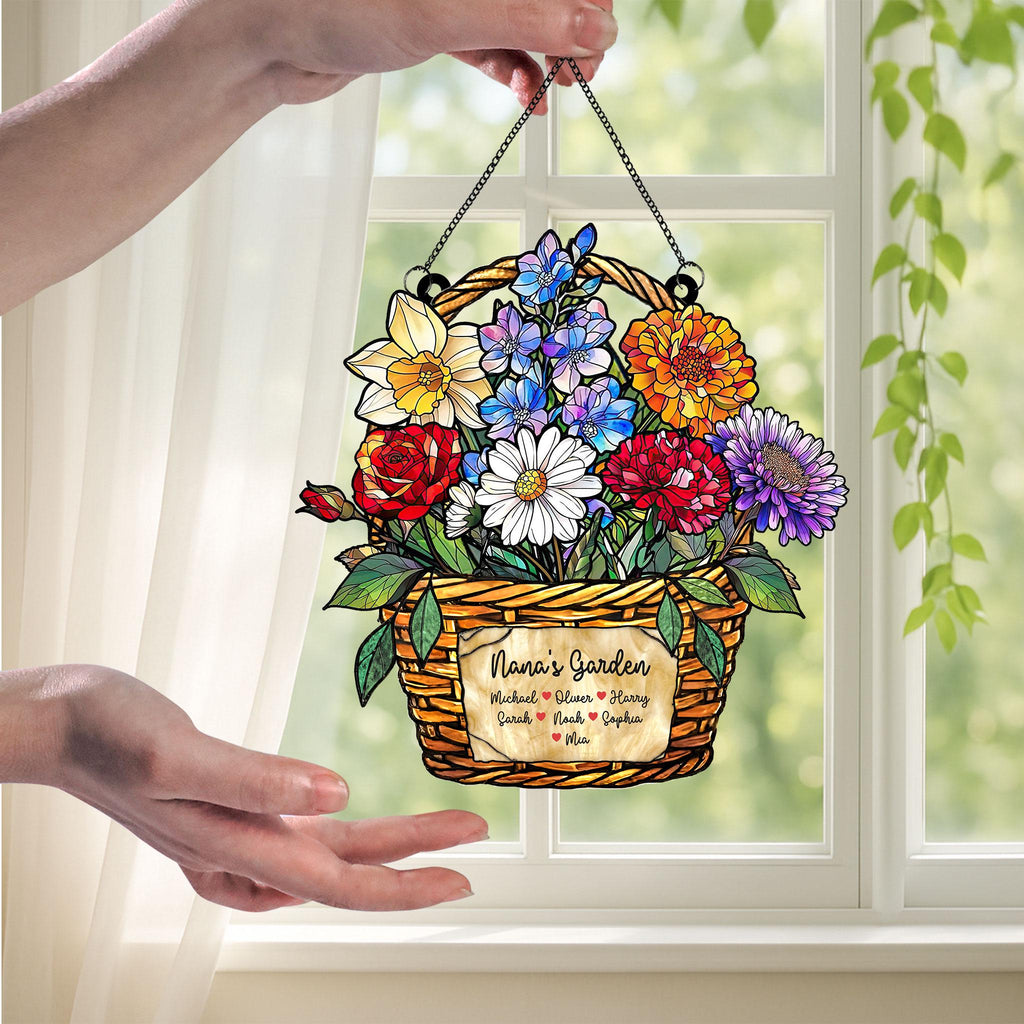 Personalized Birth Month Flower Stained Glass, Grandma's Garden Suncatcher Acrylic Window Hanging, Mothers Day Gift, Grandma Gift, Mom Gifts