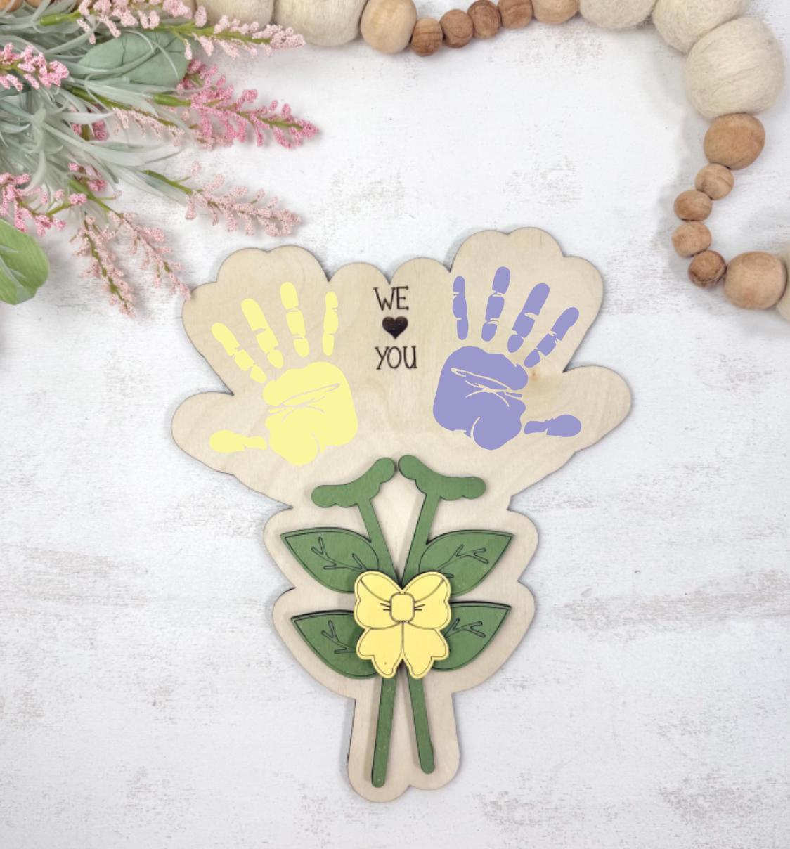 Personalized Handprint Bouquet Sign, We Love You Gift, Mother’s Day Keepsake, Grandma Handprint Flowers, Custom Family Wood Decor