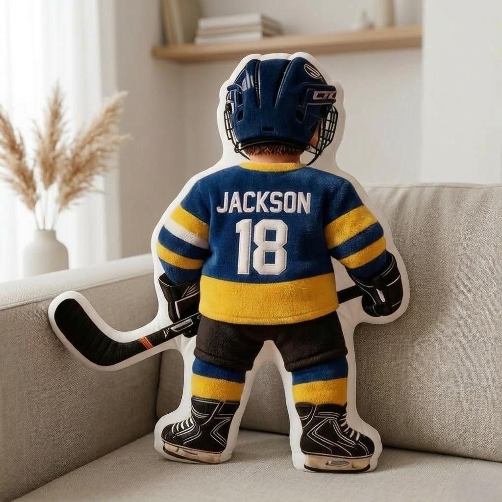Personalized Hockey Player Pillow Custom Name Number Flat Printed 3D Look NOT Embossed Kids Sports Cushion Team Uniform Gift Room Decor