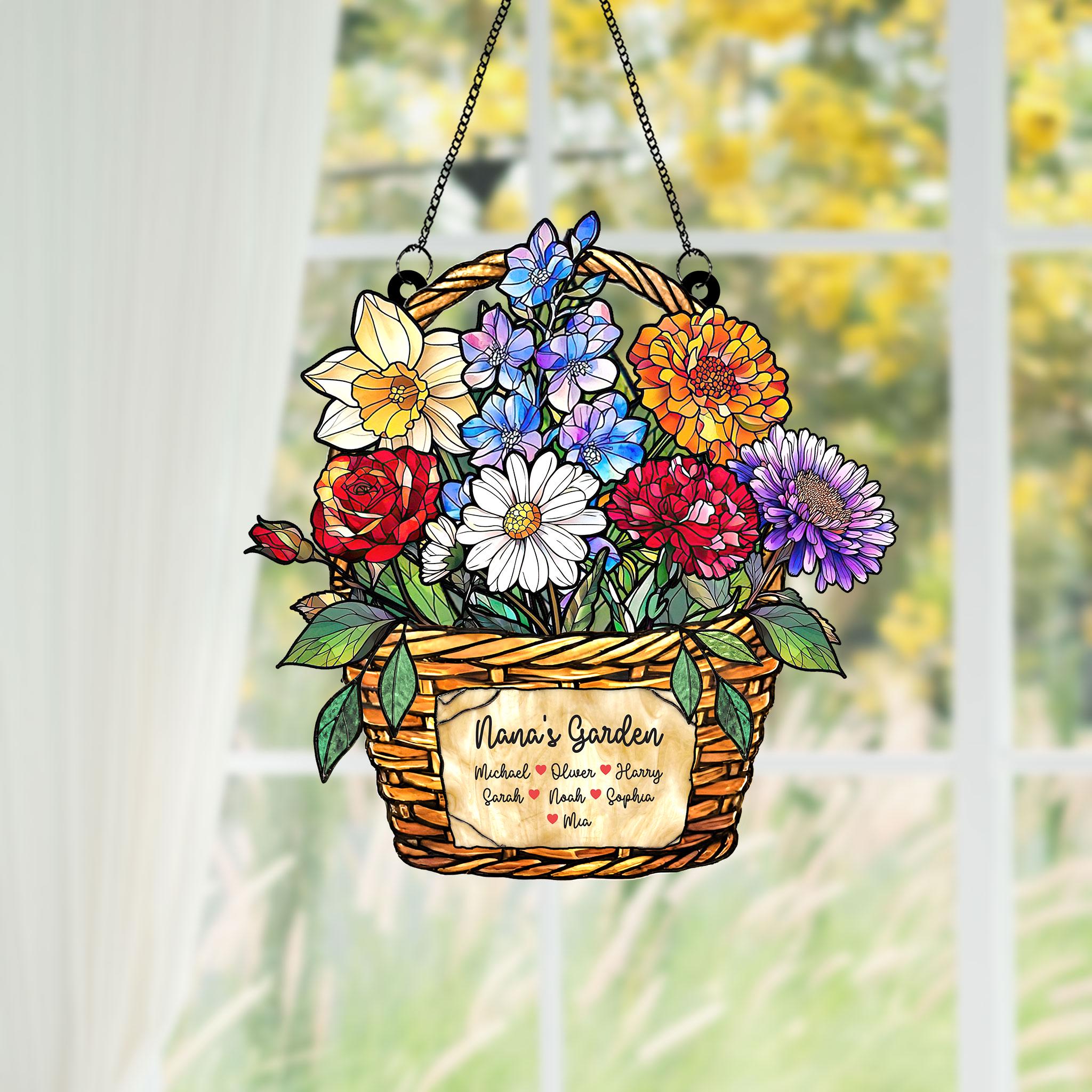 Personalized Birth Month Flower Stained Glass, Grandma's Garden Suncatcher Acrylic Window Hanging, Mothers Day Gift, Grandma Gift, Mom Gifts