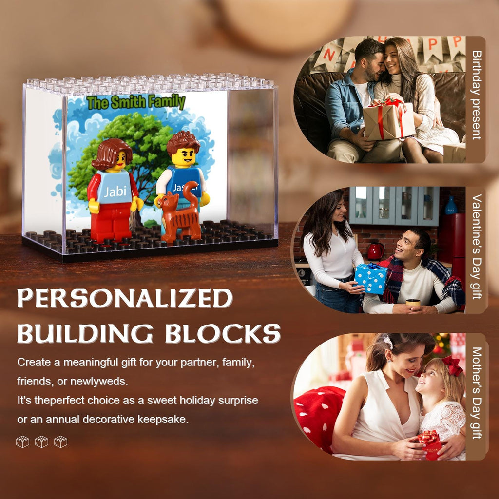 Custom Building Block Figure Set - Personalized Couple, Family & Pet Mini Figurines in Display Case | Valentine's, Wedding, Anniversary Gift