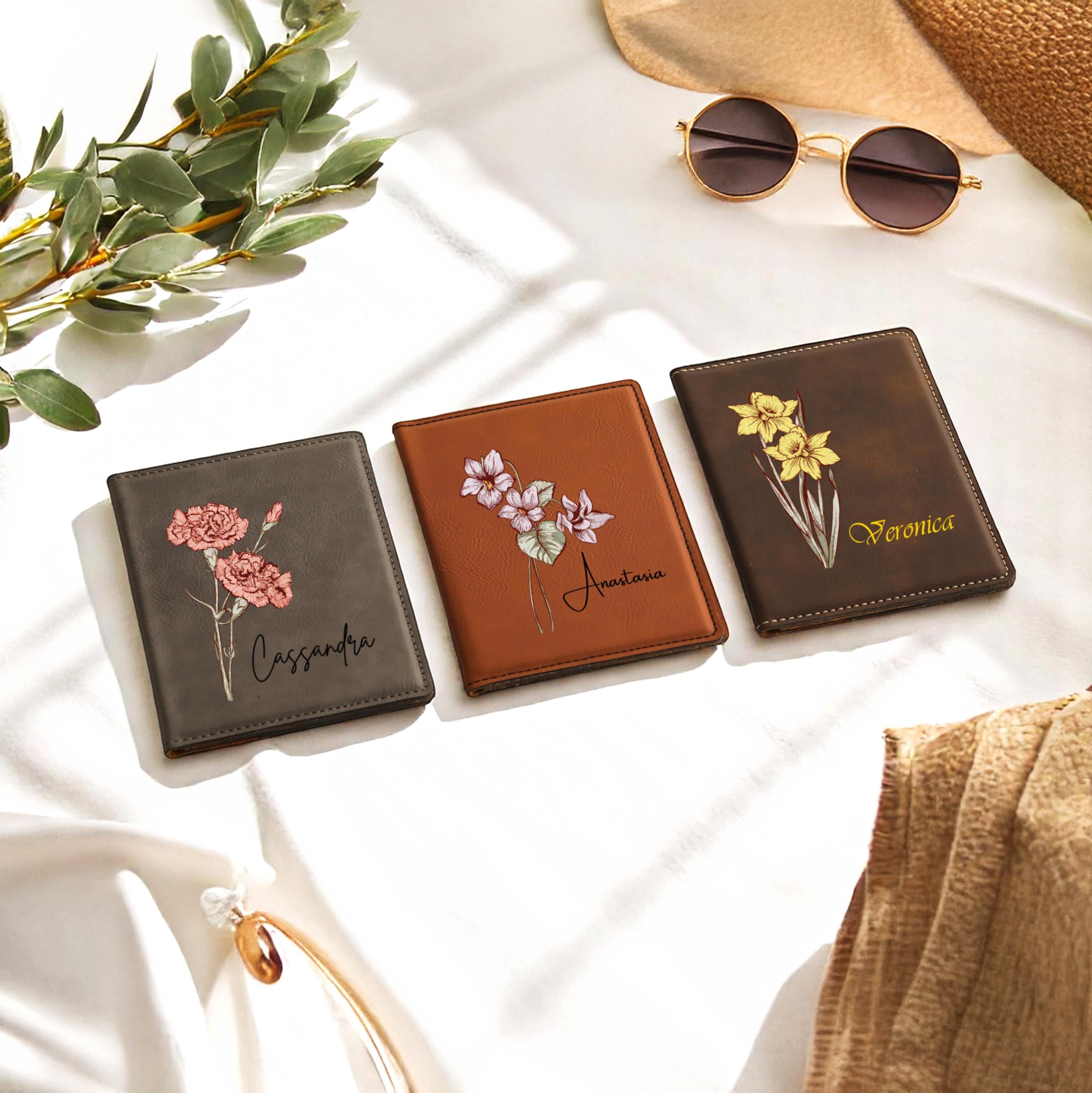 Personalized Leather Passport Cover, Custom Name Birth Flower Travel Wallet, Passport Holder, Gift for Women Travelers