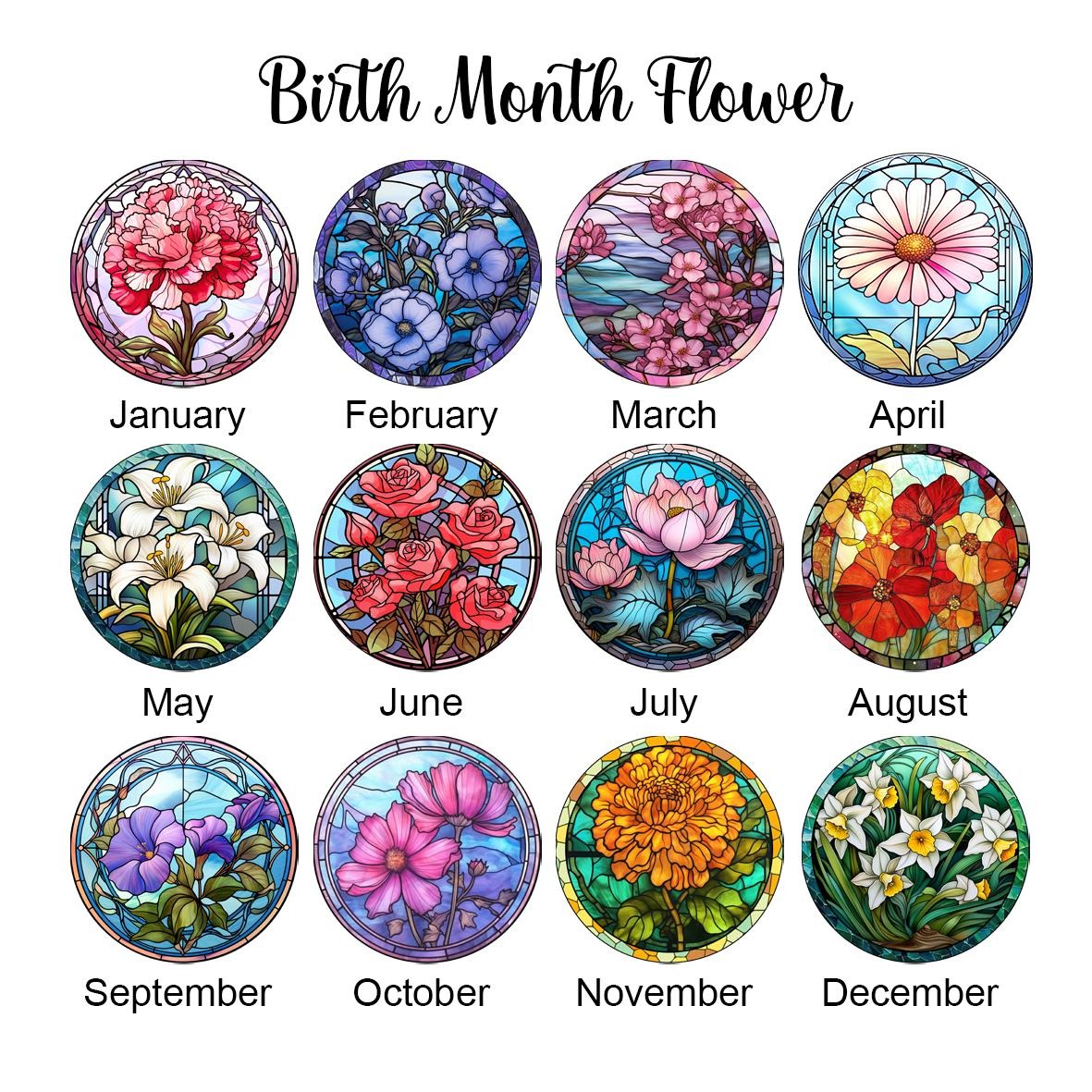 Personalized Birth Month Flower Stained Glass Suncatcher, Custom Flowers Window Hanging, Birthday Gift For Besties, Mom, Her, Flower Garden Decor