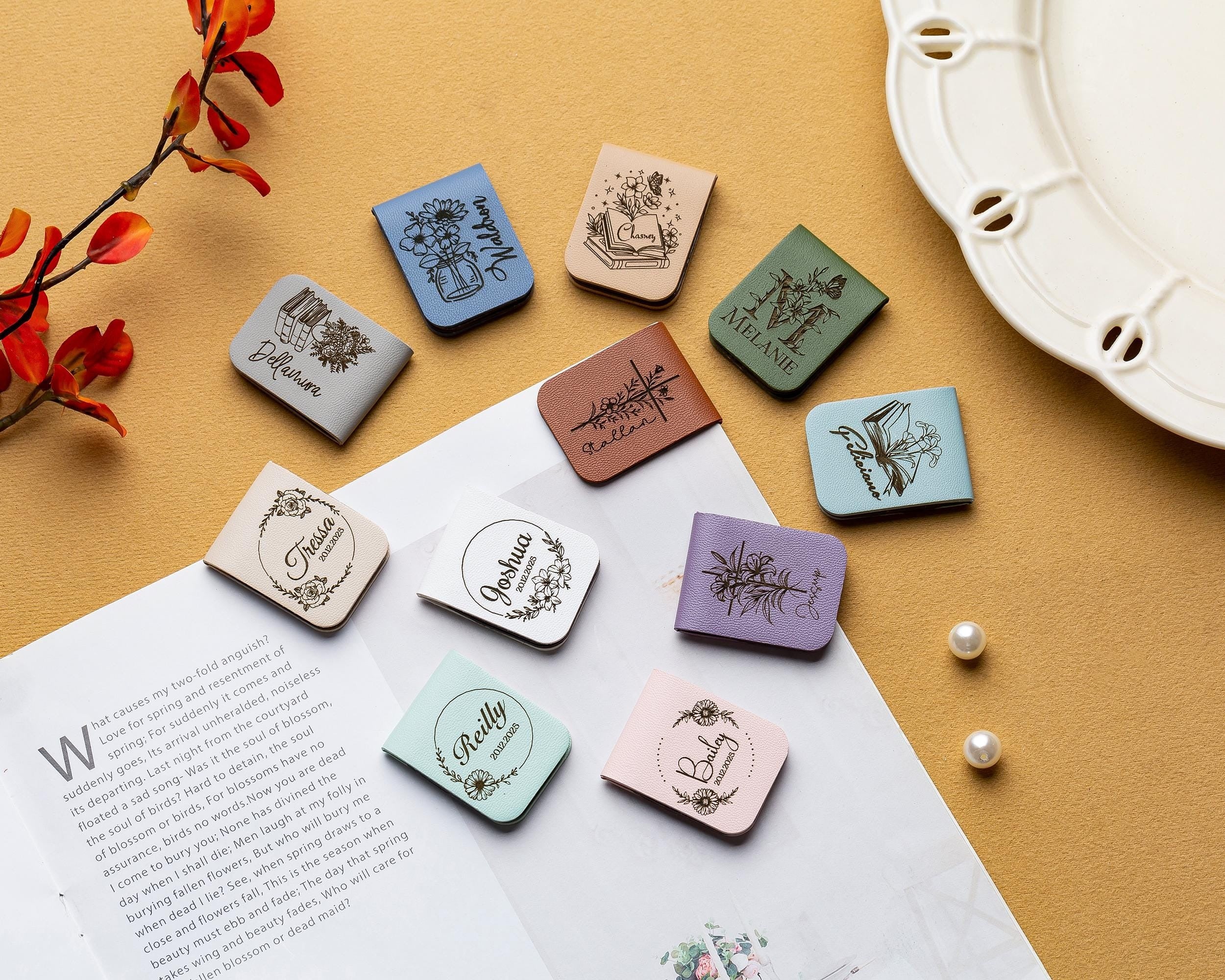 Personalized Magnetic Bookmark Flower With Name, Custom Name Leather Bookmark, Birthday Gift for Book Lovers, Book Accessory