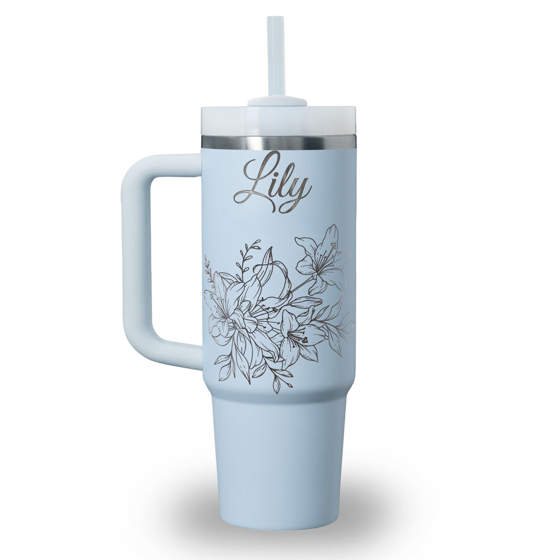 Personalized Flower Tumbler with Name, Custom Stainless Steel Travel Mug with Handle, Floral Gift for Her, Coffee Cup