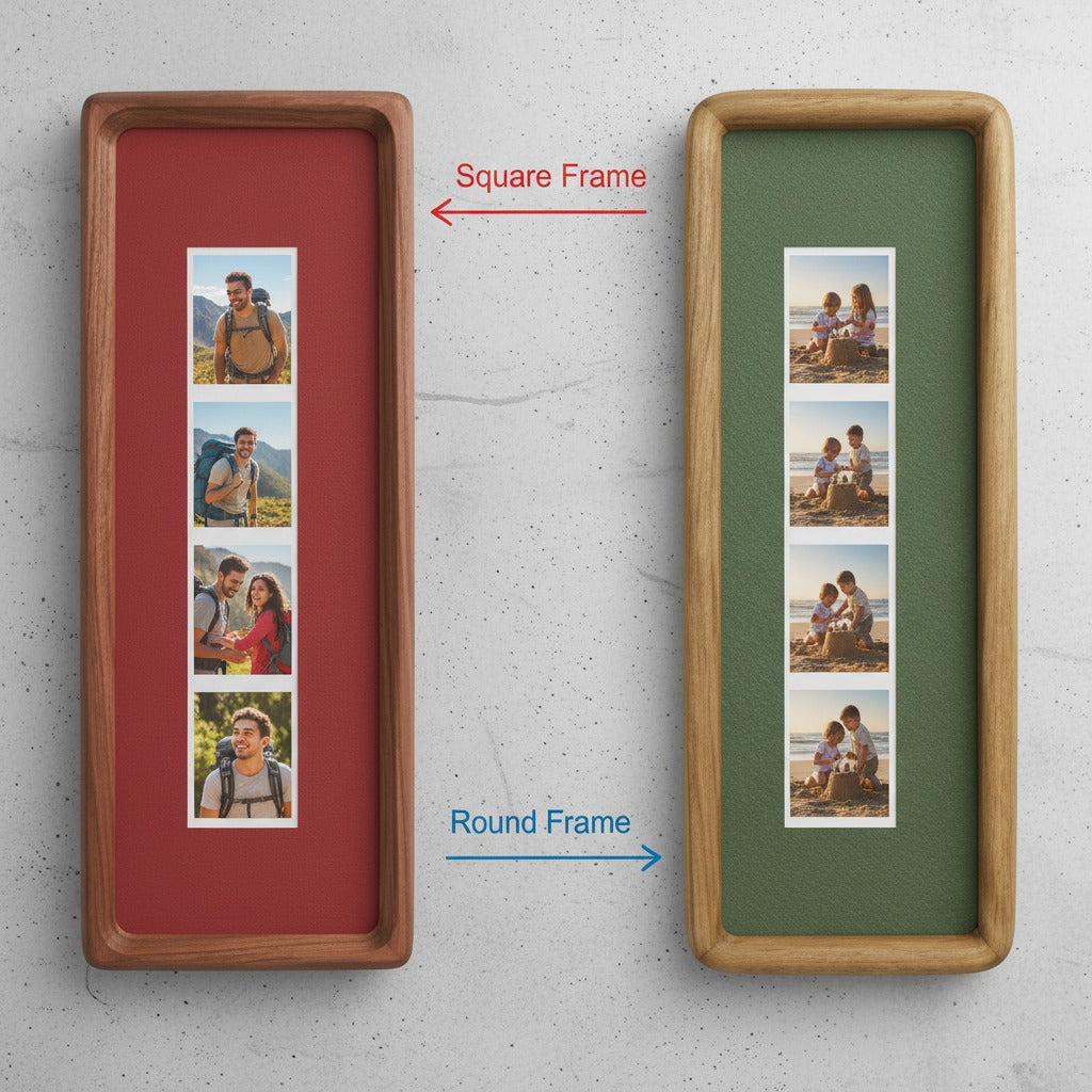 Photobooth Frame for Photo Strip Prints: Elongated Solid Wood Picture Frame with Coloured Mount, Ready to Hang for photoautomat print
