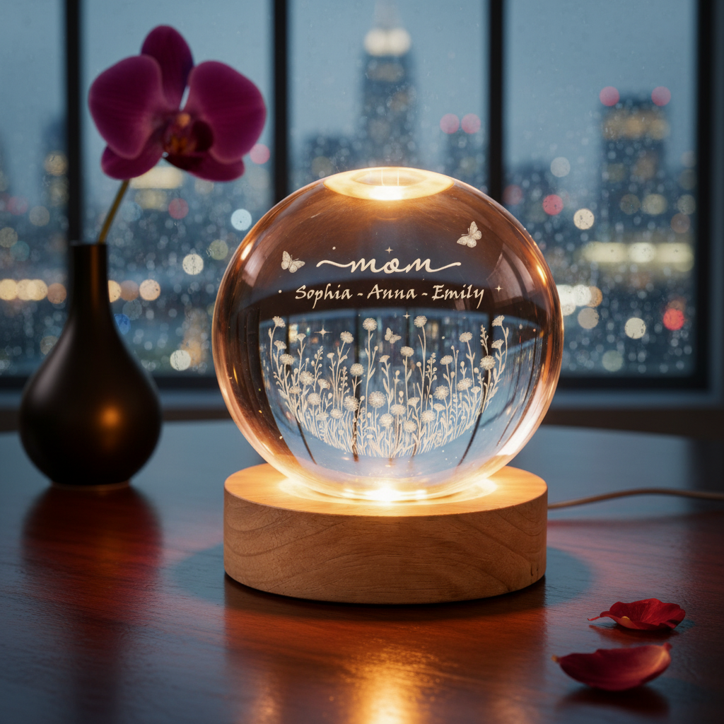 Personalized Mom Wildflower Crystal LED Ball, Floral Grandma With Kids Name Night Light, Mother's Day Gift for Mom, Family Gift,grandma Gift