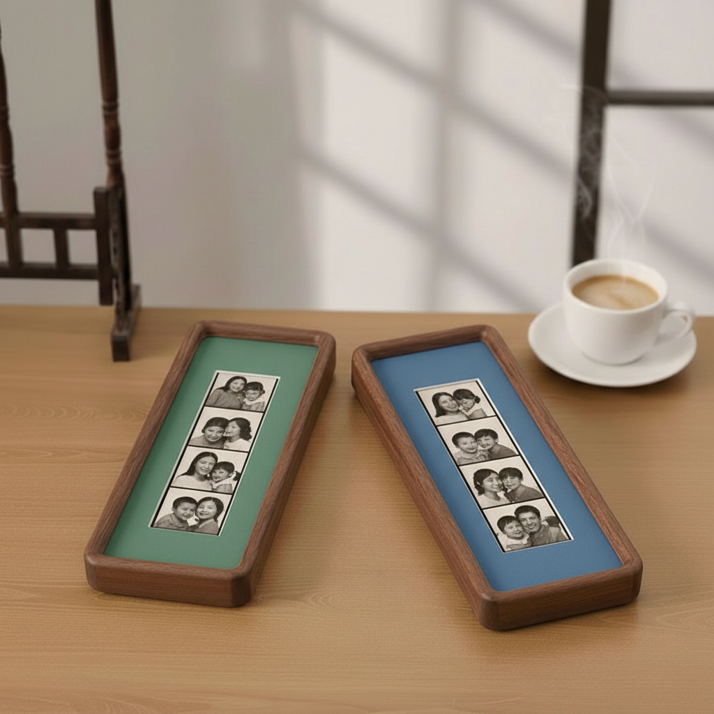 Photobooth Frame for Photo Strip Prints: Elongated Solid Wood Picture Frame with Coloured Mount, Ready to Hang for photoautomat print