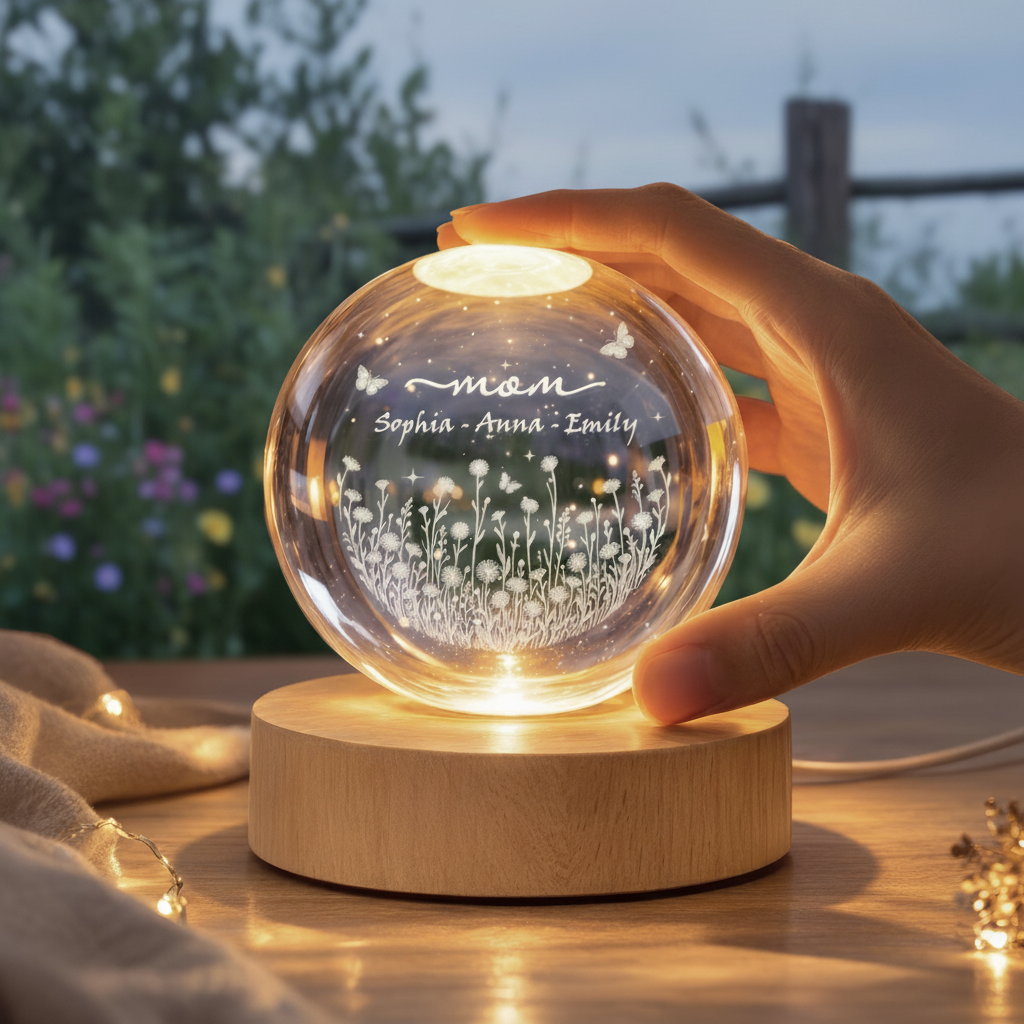 Personalized Mom Wildflower Crystal LED Ball, Floral Grandma With Kids Name Night Light, Mother's Day Gift for Mom, Family Gift,grandma Gift