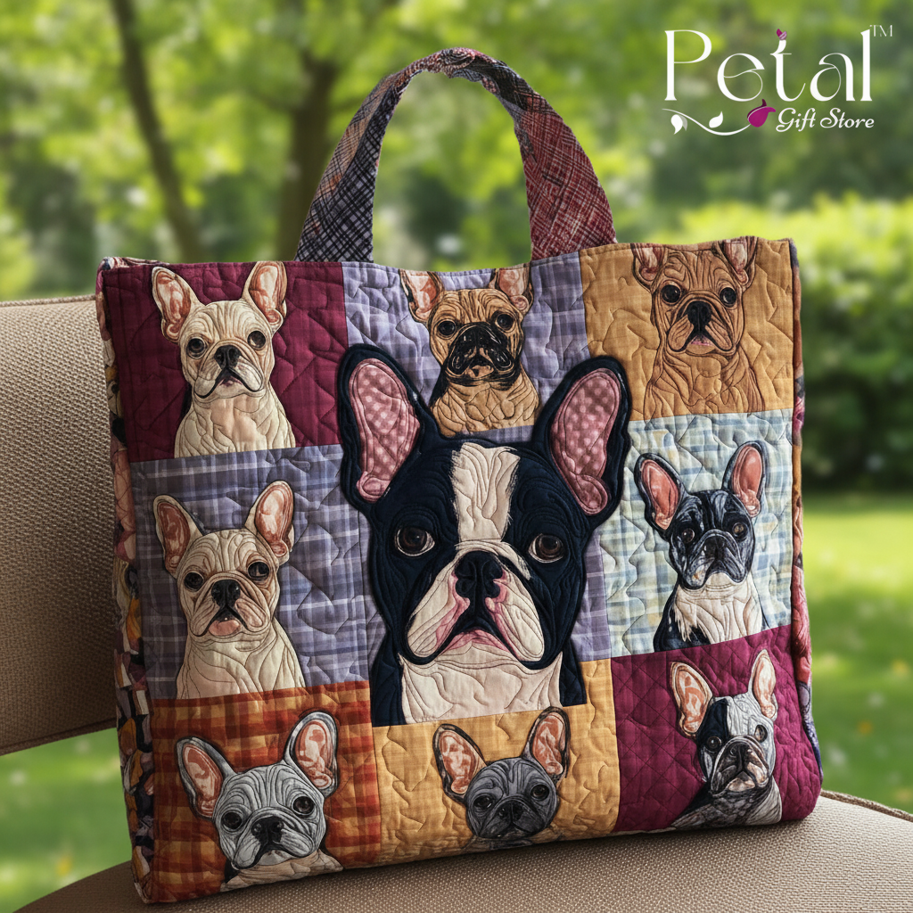 Cute French Bulldog Quilted Tote Bag, 3D All Over Printed Dog Shoulder Bag, Handmade Patchwork Tote, Frenchie Lover's Gift