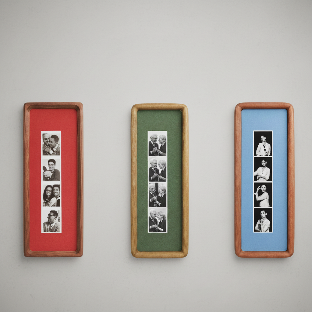 Photobooth Frame for Photo Strip Prints: Elongated Solid Wood Picture Frame with Coloured Mount, Ready to Hang for photoautomat print