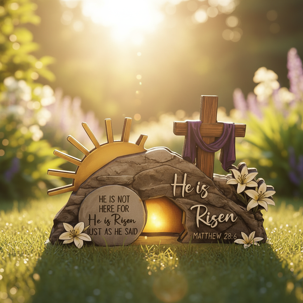 He Is Risen Empty Tomb flat 3D Wooden Block, Resurrection Scene, Religious Easter Gift, Christian Home Decor, Bible Verse Sign, Church Art