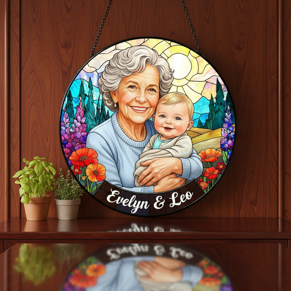 Personalized Grandma Portrait Stained Glass Suncatcher, Custom Photo Window Hanging, Mother's Day Gift