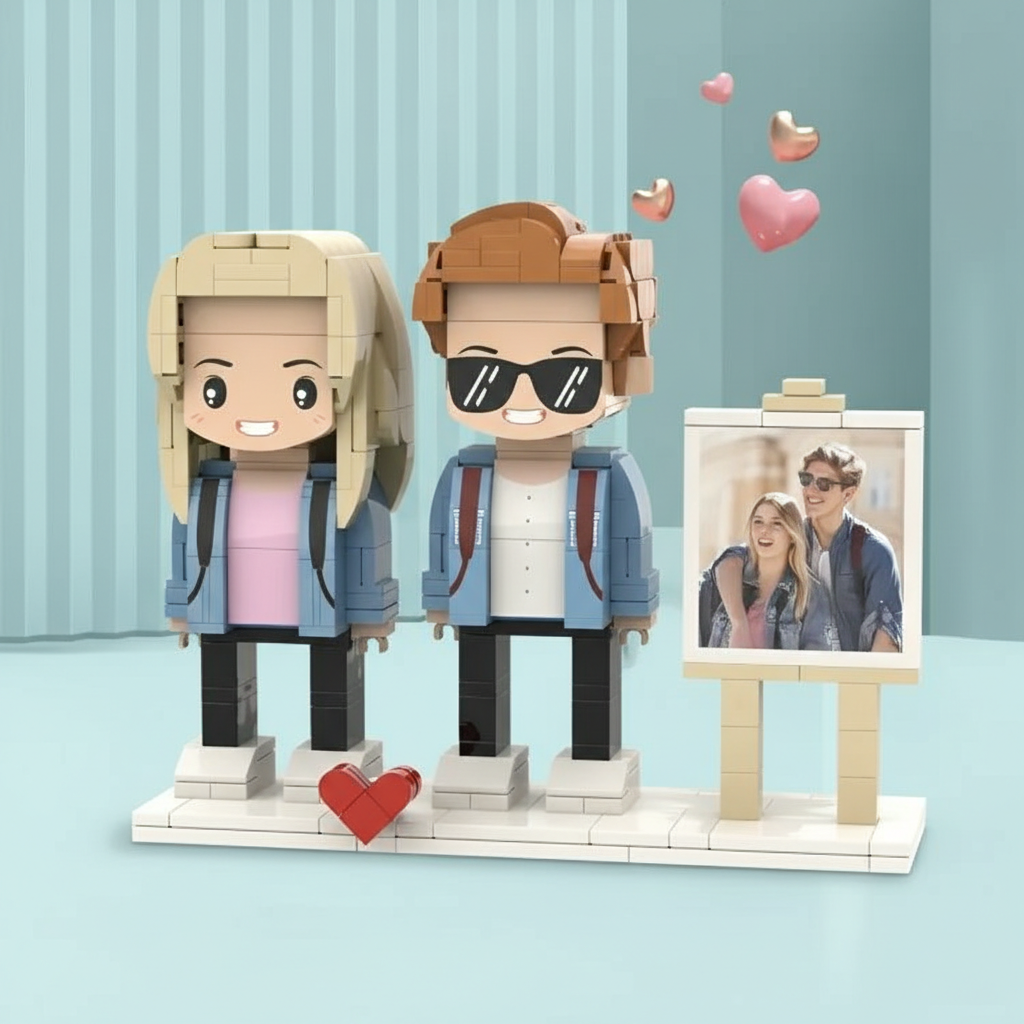 Custom 2 Person Brick Figures with Engraved Frame, Personalized Building Block Gift