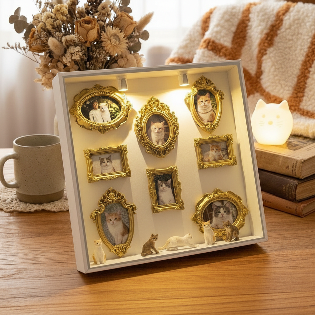 Cat DIY Mini Museum Silhouette Box, LED Lighted Photo Shadow Box, Gold Vintage Frames with Mini Figurines, Personalized Memory Display Box