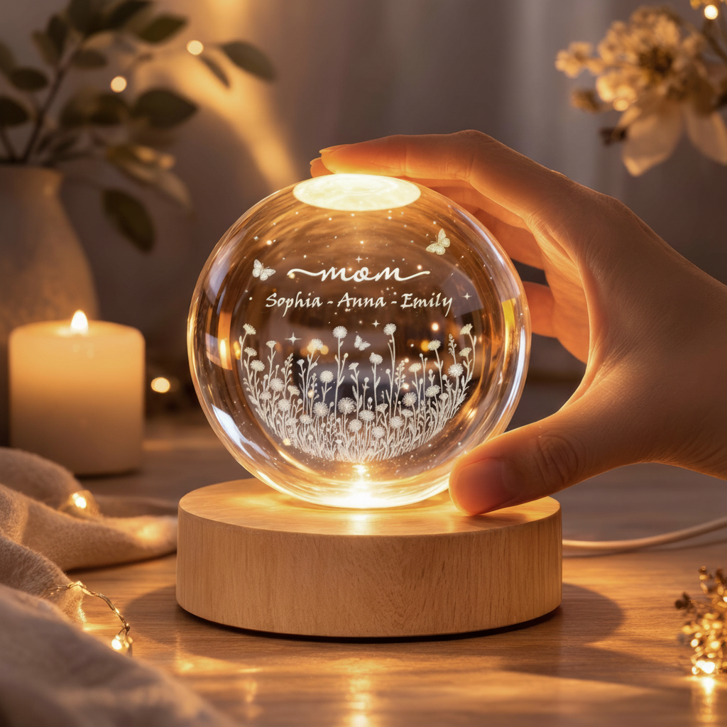 Personalized Mom Wildflower Crystal LED Ball, Floral Grandma With Kids Name Night Light, Mother's Day Gift for Mom, Family Gift,grandma Gift