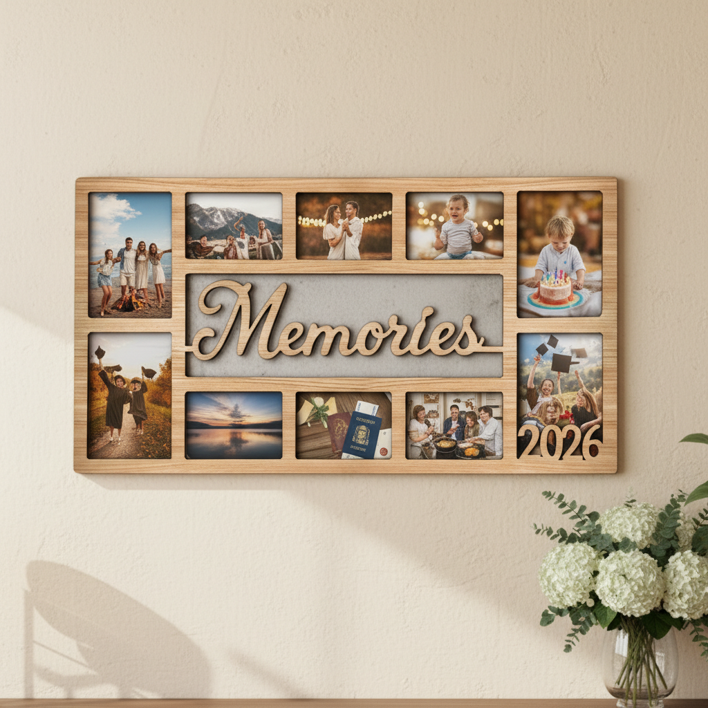Custom MEMORIES Photo Frame – Personalized Wooden Collage Picture Display for Tabletop or Wall, Ideal Gift for Any Special Moment