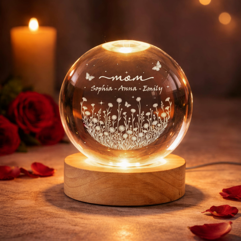 Personalized Mom Wildflower Crystal LED Ball, Floral Grandma With Kids Name Night Light, Mother's Day Gift for Mom, Family Gift,grandma Gift