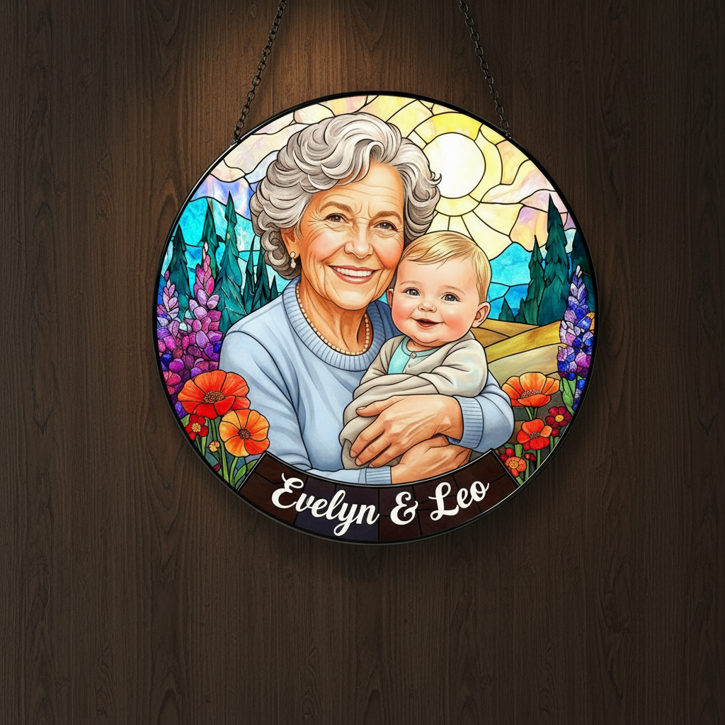 Personalized Grandma Portrait Stained Glass Suncatcher, Custom Photo Window Hanging, Mother's Day Gift