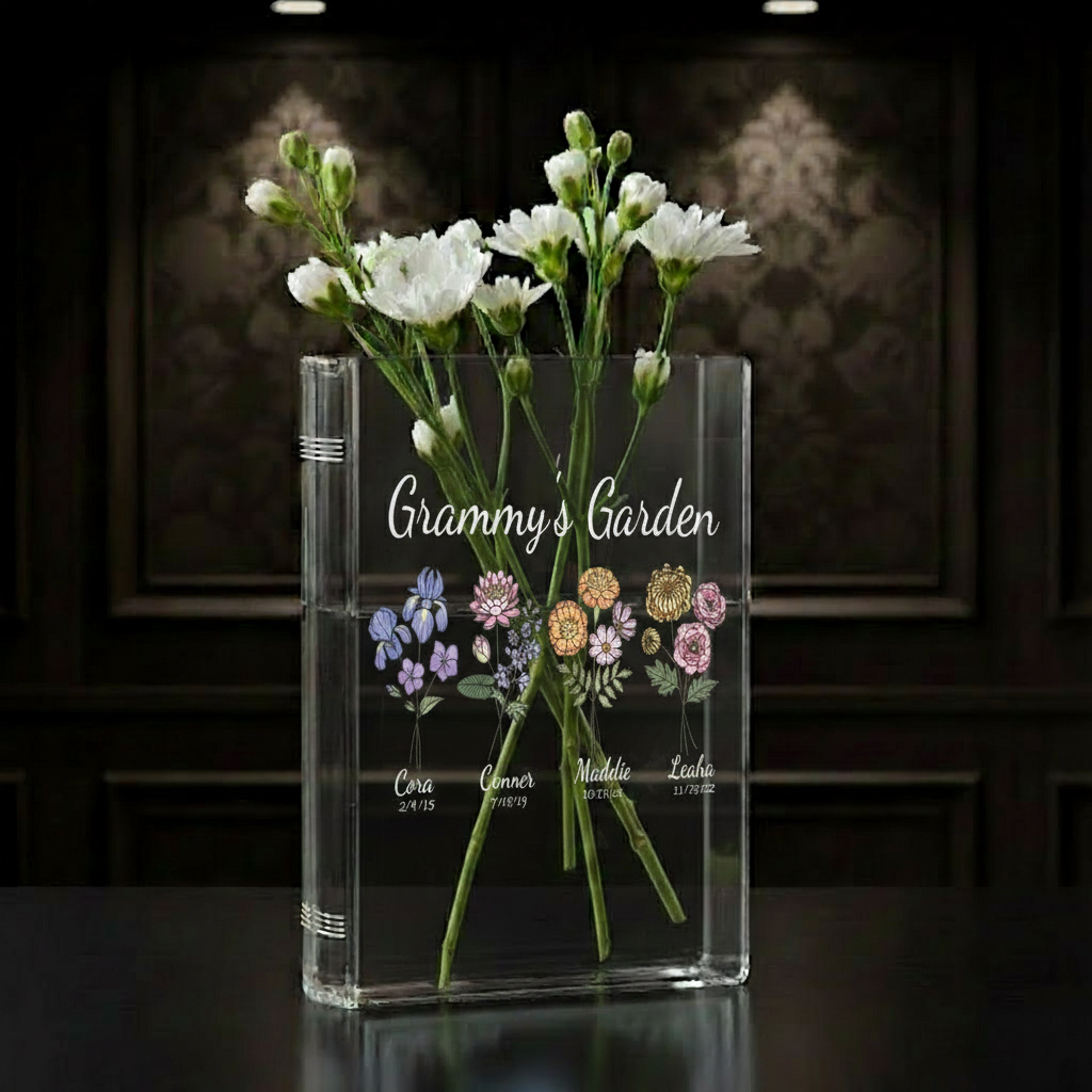 Custom Birth Month Flower Book Vase – Grandma’s Garden or Mom’s Garden Design, Meaningful Mother’s Day Gift for Grandmother, Floral Home Decor