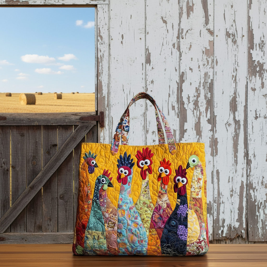 Chicken Patchwork Tote Bag, 3D All Over Printed Quilted Shoulder Bag, Cute Chicken Bag, Chicken Lover's Gift, Handmade Patchwork Tote