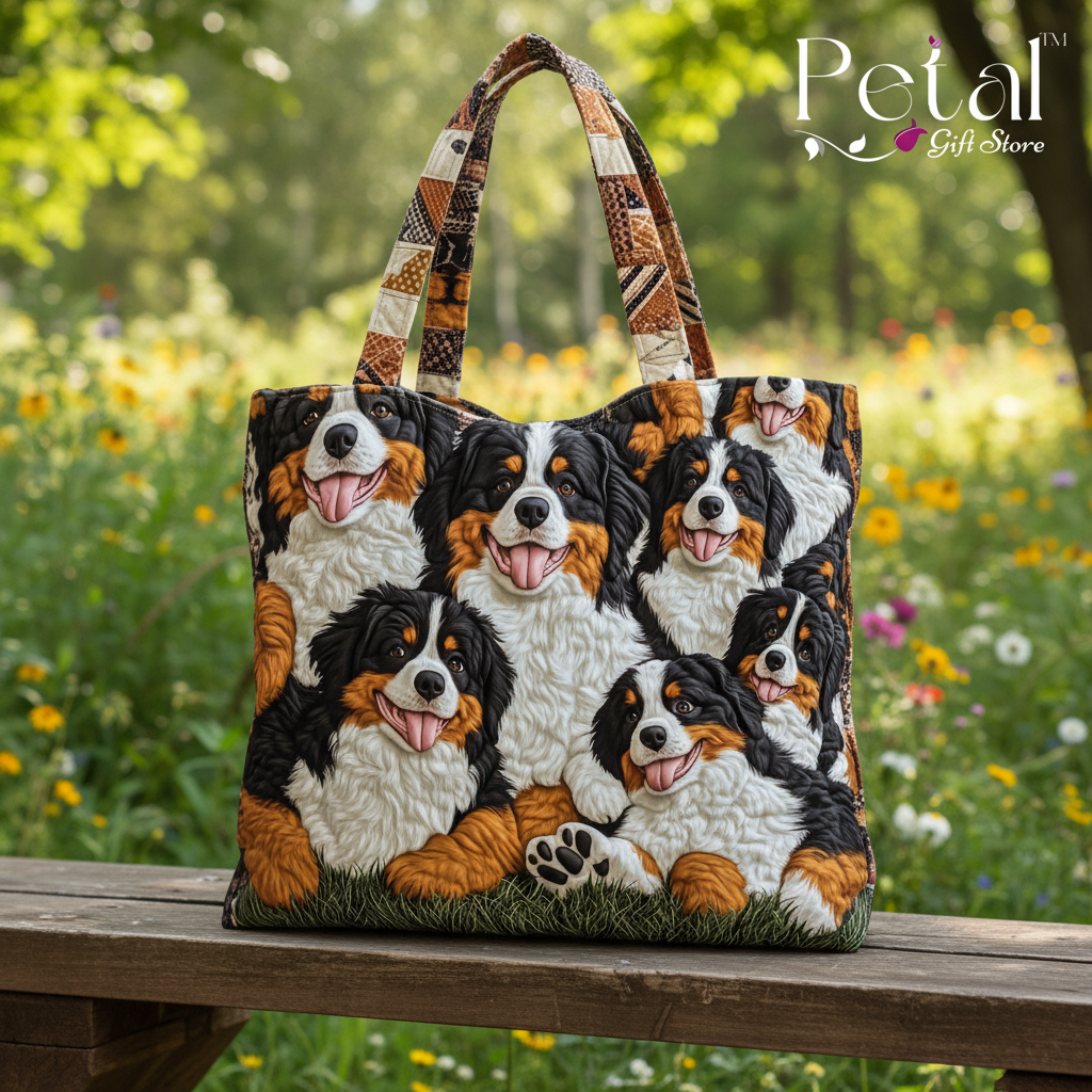 Bernese Mountain Dog 3D All Over Printed Quilted Tote Bag, Dog Shoulder Bag, Cute Dog Bag, Handmade Patchwork Tote, Dog Lover's Gift