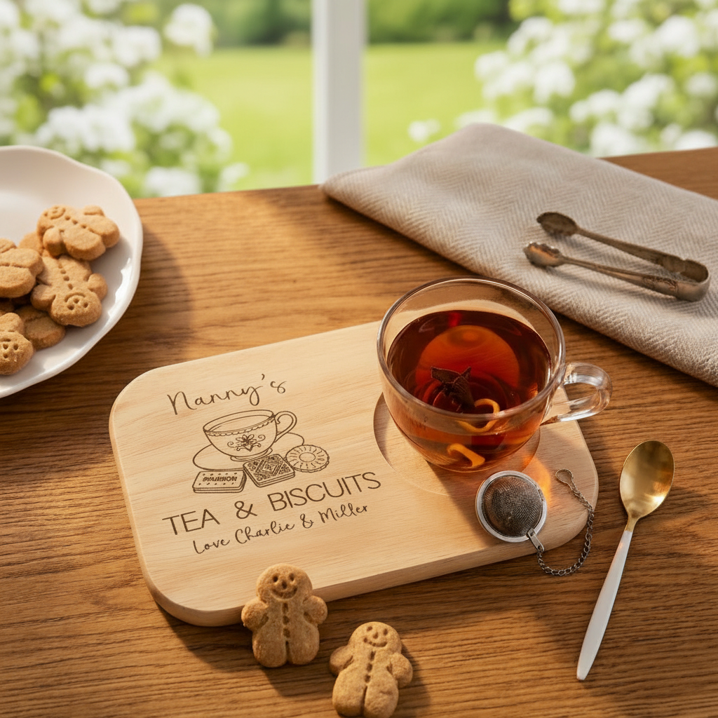 Personalised Nanny's Tea And Biscuits Board, Engraved Wooden Biscuit Tray, Christmas Gift For Nanny, Grandma, Granny
